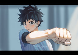 Rule 34 | 1boy, black hair, blush, boku no hero academia, clenched hand, curly hair, eyebrows, freckles, freestyle18, green eyes, hair between eyes, japanese text, letterboxed, looking at viewer, male focus, midoriya izuku, pale skin, shirt, short hair, short sleeves, solo, solo focus, sweat, t-shirt, white shirt, wiping face