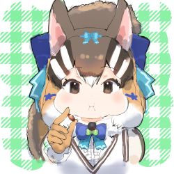 Rule 34 | 1girl, acorn, animal costume, animal ear fluff, animal ears, bow, bowtie, brown eyes, brown hair, chabo-kun, chipmunk costume, chipmunk ears, chipmunk girl, chipmunk tail, eating, extra ears, gloves, highres, kemono friends, kemono friends v project, looking at viewer, microphone, multicolored hair, ribbon, scarf, shirt, short hair, siberian chipmunk (kemono friends), simple background, solo, tail, vest, virtual youtuber, white hair