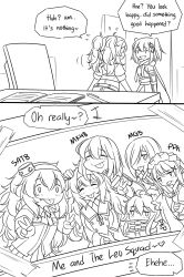 Rule 34 | 2koma, :p, chair, comic, crossover, desk, gambier bay (kancolle), girls&#039; frontline, greyscale, guin guin, hand on another&#039;s head, highres, kantai collection, mg5 (girls&#039; frontline), mk48, monochrome, photo (object), pkp (girls&#039; frontline), ppk (girls&#039; frontline), s.a.t.8 (girls&#039; frontline), sendai (kancolle), smile, tongue, tongue out, v