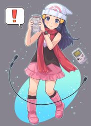 Rule 34 | !, 1girl, beanie, black hair, black socks, blush, boots, cable, closed mouth, commentary request, creatures (company), dawn (pokemon), eyelashes, game boy, game boy (original), game freak, grey eyes, hair ornament, hairclip, handheld game console, hands up, hat, highres, holding, holding handheld game console, kneehighs, kutabireta neko, long hair, nintendo, pink footwear, pink skirt, pokemon, pokemon dppt, poketch, red scarf, scarf, shirt, skirt, sleeveless, sleeveless shirt, smile, socks, solo, spoken exclamation mark, watch, white hat, wristwatch