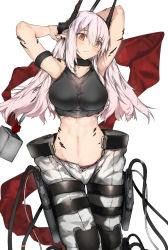 Rule 34 | 1girl, arknights, arms behind back, black sports bra, blush, breasts, cowboy shot, ekuesu, elite ii (arknights), grey hair, highres, holding, holding weapon, large breasts, long hair, looking at viewer, material growth, mudrock (arknights), mudrock (elite ii) (arknights), navel, oripathy lesion (arknights), pants, red eyes, red ribbon, ribbon, simple background, solo, sports bra, stomach, war hammer, weapon, white background, white pants
