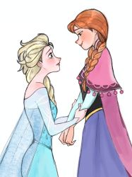 Rule 34 | 2girls, anna (frozen), braid, elsa (frozen), eye contact, frozen (disney), highres, looking at another, multiple girls, nyamo, siblings, simple background, sisters, twin braids