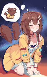 Rule 34 | 1girl, :3, afterimage, all fours, animal ears, animalization, bone hair ornament, braid, breasts, brown hair, cartoon bone, cleavage, closed eyes, coat, collar, dog, dog ears, dog girl, dog tail, dress, hair ornament, highres, hololive, inugami korone, inugami korone (1st costume), inugami korone (dog), long hair, low twin braids, medium breasts, motion blur, smile, solo, tail, tail wagging, thought bubble, twin braids, twintails, virtual youtuber, wersman, white dress, yellow coat