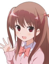 Rule 34 | 1girl, :d, achiga school uniform, atarashi ako, blush, bow, bowtie, breasts, brown hair, collared shirt, hand up, long hair, long sleeves, looking at viewer, open mouth, pink sweater, red bow, red bowtie, red eyes, saki, saki (manga), saki achiga-hen, school uniform, shirt, simple background, sleeves past wrists, small breasts, smile, solo, sweater, tadanoshi kabane, two side up, upper body, v-shaped eyebrows, white background, white shirt