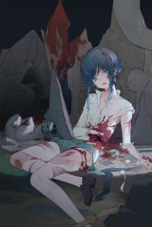 Rule 34 | 1boy, absurdres, androgynous, ayanon ite, black hair, blood, blood on clothes, blood on face, blood on hands, blood splatter, blood stain, blue hair, braid, collarbone, collared shirt, commentary request, cuts, feathers, frilled sleeves, frills, genshin impact, gradient hair, green eyes, green shorts, highres, injury, long sleeves, looking at viewer, multicolored hair, open mouth, pantyhose, shirt, short hair with long locks, shorts, sidelocks, sitting, solo, torn clothes, torn pantyhose, torn shirt, venti (genshin impact), vision (genshin impact), white pantyhose, white shirt