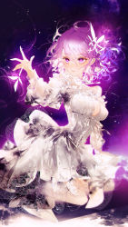 Rule 34 | 1girl, aura, breasts, cleavage, commentary request, dress, expressionless, floating hair, flower, frills, hair between eyes, hair flower, hair ornament, highres, majamari, neck ribbon, original, outstretched hand, purple eyes, purple hair, ribbon, see-through, see-through sleeves, signature, simple background, solo, white dress