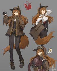 Rule 34 | 1girl, :d, animal ears, belt, black gloves, black pants, boots, brown hair, brown jacket, closed mouth, contrapposto, cropped legs, fur trim, gloves, grey background, hair between eyes, hand on own hip, hand up, jacket, unworn jacket, lansane, light bulb, logo, long hair, long sleeves, multiple views, open clothes, open jacket, open mouth, orange eyes, original, pants, pigeon-toed, shirt, signature, simple background, smile, speech bubble, spoken light bulb, standing, tail, tsana (lansane), v-shaped eyebrows, waving, white shirt, wolf ears, wolf tail