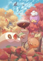 Rule 34 | ^ ^, autumn leaves, bird, bright pupils, brown eyes, closed eyes, cloud, commentary request, creatures (company), day, drifloon, game freak, gen 3 pokemon, gen 4 pokemon, gen 7 pokemon, highres, holding, mokukitusui, munchlax, nintendo, no humans, open mouth, outdoors, pachirisu, pokemon, pokemon (creature), roasted sweet potato, rowlet, sky, sparkle, starly, steam, sweet potato, tongue, torchic, tree, white pupils