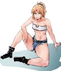 Rule 34 | 1girl, bare shoulders, blonde hair, boots, collarbone, denim, denim shorts, fate/apocrypha, fate (series), green eyes, highres, hometa, looking at viewer, midriff, mordred (fate), mordred (fate/apocrypha), mordred (memories at trifas) (fate), navel, shorts, sitting, sketch, smile, solo, spread legs