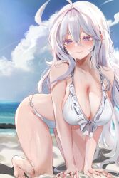 Rule 34 | 1girl, absurdres, ahoge, all fours, antenna hair, beach, bikini, blue sky, blush, breasts, closed mouth, cloud, collarbone, commentary request, day, dolechan, frilled bikini, frills, hair between eyes, highres, large breasts, long hair, looking at viewer, o-ring, ocean, original, outdoors, purple eyes, sidelocks, sky, smile, solo, sweat, swimsuit, variant set, white bikini, white hair