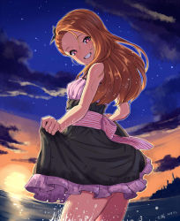 Rule 34 | 1girl, bad id, bad pixiv id, bare shoulders, brown hair, clothes lift, commentary, dated, grin, hair ribbon, highres, idolmaster, idolmaster (classic), long hair, looking at viewer, minase iori, red eyes, ribbon, signature, skirt, skirt lift, smile, solo, splashing, water drop, wet, wet clothes, yoshiwa tomo