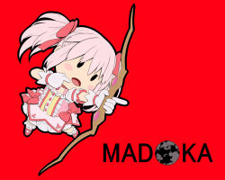 Rule 34 | 1girl, blush stickers, bow, bow (weapon), character name, chibi, earth (planet), gloves, hair ribbon, kaname madoka, mahou shoujo madoka magica, mahou shoujo madoka magica (anime), mother (game), nintendo, open mouth, parody, pink hair, planet, pointing, ribbon, short twintails, simple background, solid circle eyes, solo, style parody, tsukumo (soar99), twintails, weapon