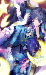 Rule 34 | 1boy, absurdres, ascot, blue jacket, blue pants, bouquet, crescent, eyepatch, flower, formal, highres, hinose takeru, jacket, long sleeves, looking at viewer, male focus, one eye covered, ovoshchnoy, pants, parted lips, purple eyes, purple flower, purple hair, purple rose, rose, short hair, smile, solo, sweet clown