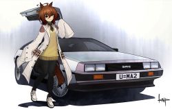 Rule 34 | 1girl, absurdres, agnes tachyon (umamusume), ahoge, animal ears, ankle boots, artist name, black necktie, black pantyhose, boots, breasts, brown hair, car, closed mouth, coat, collared shirt, commentary, crossover, delorean, dress, head tilt, heel up, highres, horse ears, horse girl, horse tail, kano (nakanotakahiro1029), lab coat, looking at viewer, medium hair, motor vehicle, necktie, pantyhose, red eyes, shadow, shirt, short dress, short necktie, signature, sleeves past fingers, sleeves past wrists, small breasts, smile, solo, standing, sweater, sweater dress, tail, umamusume, vehicle focus, vest, vial, white coat, white footwear, yellow dress, yellow vest