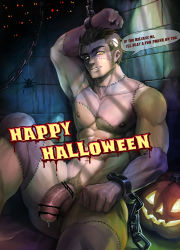 Rule 34 | 1boy, abs, bara, black hair, completely nude, cosplay, cuffs, english text, feet out of frame, flaccid, frankenstein&#039;s monster, frankenstein&#039;s monster (cosplay), halloween, halloween costume, handcuffs, jack-o&#039;-lantern, long sideburns, male focus, male pubic hair, mature male, muscular, muscular male, navel, navel hair, nipples, nude, original, pectorals, penis, precum, precum, pubic hair, short hair, sideburns, sitting, solo, spread legs, stomach, syu0909, thick eyebrows, thick thighs, thighs, yellow eyes