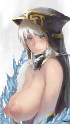 Rule 34 | 1girl, ashe (league of legends), bad id, bad pixiv id, bare shoulders, blue eyes, blush, breasts, breasts out, female focus, highres, hood, hoodie, huge breasts, large areolae, large breasts, league of legends, long hair, looking at viewer, md5 mismatch, nipples, parted lips, sky of morika, smile, solo, white hair
