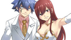 Rule 34 | 1boy, 1girl, arm tattoo, armpits, blue hair, breasts, brown eyes, brown necktie, cleavage, couple, dress, elbow gloves, erza scarlet, eye contact, face-to-face, facial tattoo, fairy tail, formal, from side, gloves, hair between eyes, highres, jellal fernandes, jewelry, large breasts, long hair, long sleeves, looking at another, mashima hiro, necklace, necktie, official art, pink shirt, red hair, shiny skin, shirt, signature, simple background, sleeveless, sleeveless shirt, spiked hair, suit, swept bangs, tattoo, upper body, white background, white gloves, white shirt, white suit