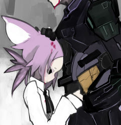 Rule 34 | 1boy, 1girl, animal ears, armor, bad id, bad pixiv id, blood, blood in hair, blood on face, blouse, camera, cat ears, collared shirt, crack, dripping, forehead, grey background, halo: reach, halo (game), halo (series), hand on another&#039;s head, headpat, height difference, helmet, hug, kimura akiyoshi, pale skin, petite, ponytail, pout, power suit, purple hair, ribbon, sad, shirt, size difference, spartan, spartan-b312, spartan (halo), unworn headwear, unworn helmet, white background, white shirt