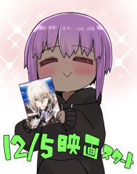 Rule 34 | 1girl, :&gt;, = =, bedivere (fate), black hoodie, blush, closed eyes, closed mouth, dark-skinned female, dark skin, drawstring, facing viewer, fate/prototype, fate/prototype: fragments of blue and silver, fate (series), female focus, gawain (fate), gradient background, hands up, hassan of serenity (fate), highres, holding, hood, hood down, hoodie, i.u.y, long sleeves, pink background, puffy long sleeves, puffy sleeves, purple hair, sleeves past wrists, solo, sparkle, translation request, upper body, white background