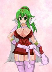 Rule 34 | 1girl, breasts, bursting breasts, cape, cleavage, fire emblem, fire emblem awakening, green hair, large breasts, long hair, looking at viewer, nintendo, pointy ears, ponytail, shiny skin, simple background, solo, storeithuo, thick thighs, thighs, tiki (fire emblem), wide hips