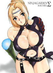 Rule 34 | 1girl, ahoge, arm behind back, armor, armpits, asymmetrical gloves, bandana, belt, black thighhighs, blonde hair, blue eyes, blush, breasts, character name, choker, cleavage, cleavage cutout, clothing cutout, copyright name, cowboy shot, earrings, elbow gloves, from above, garter belt, garter straps, gloves, halterneck, hammer, headband, high heels, jewelry, large breasts, latex, leather, leather armor, leather straps, leotard, midriff, navel, ninja gaiden, o-ring, o-ring belt, pauldrons, rachel (ninja gaiden), revealing clothes, shiny clothes, shoes, short hair, shoulder armor, shu-z, simple background, sitting, solo, studded leather, tecmo, thighhighs, thighs, uneven gloves, weapon, white background