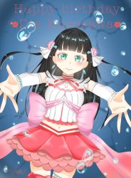 Rule 34 | 1girl, aqua eyes, artist name, artist request, bare shoulders, black hair, blunt bangs, blush, bow, bowtie, bracelet, breasts, bubble, detached collar, detached sleeves, dress, dress shirt, drop earrings, earrings, elbow sleeves, female focus, floating hair, flower, frilled dress, frilled shirt collar, frills, gradient hair, green eyes, hair bobbles, hair flower, hair ornament, hairclip, hairpin, highres, hug, jewelry, koi ni naritai aquarium, kurosawa dia, layered skirt, long hair, looking at viewer, love live!, love live! school idol festival, love live! sunshine!!, miniskirt, mole, mole under mouth, multicolored hair, navel, neck ribbon, ocean, outstretched arms, parted lips, pearl bracelet, pink bow, pink ribbon, pink skirt, plaid, plaid skirt, pleated, pleated skirt, red bow, red flower, red neckwear, red skirt, ribbon, shirt, skirt, small breasts, smile, solo, spread arms, strapless, strapless dress, underwater, white detached collar, white shirt, white sleeves
