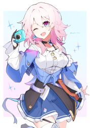 Rule 34 | 1girl, archery shooting glove, badge, black choker, black corset, black gloves, blue eyes, blue jacket, blue skirt, breasts, button badge, camera, choker, commentary, corset, cowboy shot, dress shirt, flower ornament, gloves, hair intakes, hand up, highres, holding, holding camera, honkai: star rail, honkai (series), jacket, kama karu, long sleeves, looking at viewer, march 7th (honkai: star rail), medium breasts, medium hair, miniskirt, one eye closed, open mouth, partially fingerless gloves, pink eyes, pink hair, shirt, simple background, single glove, skirt, smile, solo, sparkle, standing, thigh strap, tied jacket, two-tone eyes, white background, white shirt