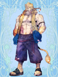 Rule 34 | 1boy, animal ears, arm tattoo, armband, bara, blue background, braid, braided ponytail, dairoku ryouhei, earrings, facial hair, full body, furry, furry male, hair over one eye, hands in pockets, highres, hood, hooded jacket, jacket, jewelry, key lue, long hair, momoe jugo, multicolored clothes, multicolored jacket, necklace, open clothes, open jacket, open shirt, pectorals, sandals, shorts, solo, stubble, tail, tattoo, tiger ears, tooth necklace, two-tone jacket