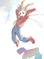 Rule 34 | 00s, 1boy, animal ears, boots, full body, happy, jumping, lloyd irving, male focus, oekaki, rabbit ears, short hair, simple background, solo, suspenders, tales of (series), tales of symphonia, white background
