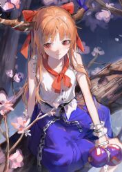 Rule 34 | 1girl, bow, chain, closed mouth, commentary request, feet out of frame, hair bow, highres, holding gourd, horn ornament, horn ribbon, horns, ibuki suika, long hair, neckerchief, orange hair, pkokonatu, purple skirt, red bow, red eyes, red neckerchief, ribbon, shirt, sitting, skirt, sleeveless, sleeveless shirt, smile, solo, touhou, tree, white shirt, wrist cuffs