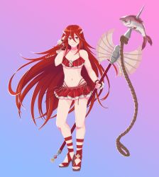 Rule 34 | 1girl, bare shoulders, bikini, breasts, cleavage, cordelia (fire emblem), dutch angle, feather hair ornament, feathers, fingerless gloves, fire emblem, fire emblem awakening, fire emblem heroes, fish, frilled bikini, frills, gloves, hair between eyes, hair ornament, high heels, highres, loliedge, long hair, navel, nintendo, polearm, red hair, small breasts, solo, spear, swimsuit, twitter username, upper body, very long hair, water, weapon, winged hair ornament