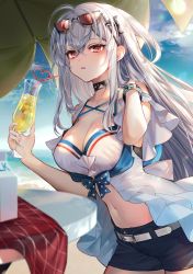 Rule 34 | 1girl, ahoge, arknights, bare shoulders, belt, black choker, black shorts, blue sky, breasts, choker, commentary, cowboy shot, cup, day, drinking glass, drinking straw, eyewear on head, hair between eyes, hair ornament, highres, holding, holding cup, large breasts, long hair, looking at viewer, navel, no headwear, official alternate costume, orca hair ornament, outdoors, parted lips, red eyes, short shorts, shorts, silver hair, skadi (arknights), skadi (waverider) (arknights), sky, solo, standing, stomach, sunglasses, tarutaru yamaoka, white belt