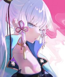 Rule 34 | 1girl, ayaka (genshin impact), blue jacket, blunt bangs, breasts, chinese knot, choker, cleavage, genshin impact, highres, jacket, large breasts, long hair, looking at viewer, low-tied sidelocks, medium breasts, mochii, parted lips, ponytail, portrait, profile, solo, white hair