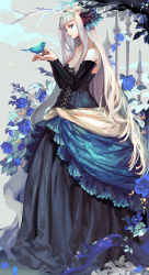 Rule 34 | 1girl, arm warmers, bird, bird on hand, black dress, blue flower, bluebird, breasts, cleavage, day, dress, feather hair ornament, feathers, flower, gwendolyn (odin sphere), feather hair ornament, hands up, highres, kabi (kb), long hair, looking at viewer, odin sphere, outdoors, purple eyes, solo, standing, strapless, strapless dress, tree, very long hair, white hair