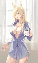 Rule 34 | 1girl, abs, absurdres, animal ears, bad id, bad twitter id, blonde hair, blue archive, blue eyes, breasts, cleavage, cowboy shot, cup, curtains, extra ears, hair over one eye, highres, holding, holding cup, indoors, kanna (blue archive), large breasts, long hair, long sleeves, naked shirt, nayuta ggg, open mouth, partially unbuttoned, purple shirt, sharp teeth, shirt, solo, steam, teeth, toned, window