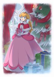 Rule 34 | 1girl, blonde hair, blue eyes, box, candle, christmas, christmas tree, crown, dress, earrings, elbow gloves, fire, full body, fur-trimmed poncho, gift, gift box, gloves, highres, holding, holding gift, indoors, jewelry, long hair, looking at viewer, mario (series), nintendo, pink dress, princess peach, red curtains, red poncho, saiwo (saiwoproject), solo, sphere earrings, white gloves