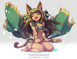 Rule 34 | 1girl, :d, animal ears, anklet, armlet, barefoot, bastet (p&amp;d), black hair, cat ears, cat tail, closed eyes, crotchet, dark-skinned female, dark skin, egyptian, egyptian clothes, eyelashes, fang, floating hair, highres, jewelry, long hair, midriff, music, musical note, navel, open mouth, puzzle &amp; dragons, quaver, revision, seiza, singing, sistrum, sitting, smile, solo, strapless, tail, tennohi, thigh strap, tube top, wind, wind lift