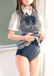 Rule 34 | 1girl, brown hair, chalkboard, dress shirt, head out of frame, katahira masashi, long hair, looking at viewer, one-piece swimsuit, original, school swimsuit, school uniform, shirt, short sleeves, smile, solo, sweater vest, swimsuit, swimsuit under clothes
