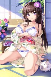 Rule 34 | 1girl, :d, bare shoulders, barefoot, basket, blush, bra, breasts, brown hair, cameltoe, cleavage, collarbone, commentary request, crotch seam, floral print, flower, frilled bra, frilled panties, frills, hair flower, hair ornament, hairclip, indoors, japanese clothes, kayari buta, kimono, large breasts, light particles, long hair, long sleeves, looking at viewer, obi, open mouth, original, oryo (oryo04), panties, pink flower, print kimono, purple eyes, purple flower, sash, seiza, sidelocks, sitting, smile, solo, thighs, underwear, white bra, white kimono, white panties, wide sleeves, x hair ornament