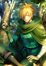 Rule 34 | 10s, 1boy, between fingers, boots, cape, cigarette, cloak, commentary request, dappled sunlight, day, fate/extra, fate/grand order, fate (series), forest, green cape, green cloak, green eyes, green theme, hair between eyes, hair over one eye, hand on own thigh, high collar, hitsugi ya, holding, leaf, looking at viewer, male focus, nature, orange hair, outdoors, pants, pants tucked in, robin hood (fate), sitting, smile, smoke, smoking, solo, spiked hair, sunlight, tree