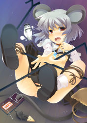 Rule 34 | 1girl, animal ears, breasts, cheese, female focus, food, grey hair, jewelry, mouse (animal), mouse ears, mouse tail, nazrin, nipples, no bra, no panties, pendant, pussy, pussy juice, red eyes, short hair, small breasts, solo, tail, tororo (toriaezu), touhou