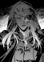 Rule 34 | 1boy, a song of ice and fire, adjusting eyepatch, aemond targaryen, clasp, cloak, eyepatch, greyscale, hair pulled back, highres, hood, hood up, hooded cloak, house of the dragon, long hair, long sleeves, looking at viewer, male focus, monochrome, parted lips, scar, scar across eye, smile, solo, upper body, white hair, yan river