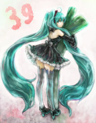 Rule 34 | 1girl, ahoge, aqua eyes, aqua hair, detached sleeves, dress, hatsune miku, high heels, kedama black, long hair, looking back, hugging object, oversized object, shoes, solo, spring onion, thighhighs, twintails, very long hair, vocaloid