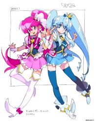 Rule 34 | 10s, 2girls, aino megumi, blue eyes, blue hair, blue skirt, blue thighhighs, boots, bow, brooch, crown, cure lovely, cure princess, dress, hair ornament, happinesscharge precure!, heart, heart brooch, jewelry, long hair, magical girl, multiple girls, neck ribbon, necktie, pink bow, pink eyes, pink hair, ponytail, precure, puffy short sleeves, puffy sleeves, ribbon, sasaki tomomi, shirayuki hime, short sleeves, skirt, smile, thigh boots, thighhighs, twintails, vest, wide ponytail, wrist cuffs