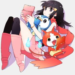 Rule 34 | 00s, 10s, 1girl, black eyes, black hair, black thighhighs, blue fire, boots, bracelet, creatures (company), dawn (pokemon), fire, game freak, gen 4 pokemon, gum (gmng), hair ornament, hairclip, handheld game console, haramaki, jewelry, jibanyan, long hair, multiple tails, nintendo, nintendo 3ds, notched ear, open mouth, pink footwear, piplup, playing games, pokemon, pokemon (creature), pokemon dppt, tail, thighhighs, traditional youkai, two tails, white background, youkai watch