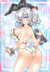 Rule 34 | 10s, 1girl, alternate costume, animal ears, artist name, ass, at classics, backless outfit, bare back, beret, binoculars, black hat, blue eyes, blush, breasts, closed mouth, cowboy shot, detached collar, fake animal ears, from side, hair between eyes, hat, holding, holding binoculars, kantai collection, kashima (kancolle), large breasts, leotard, looking at viewer, looking back, playboy bunny, rabbit ears, rabbit tail, sample watermark, sideboob, silver hair, smile, solo, tail, traditional media, twintails, watermark, wrist cuffs