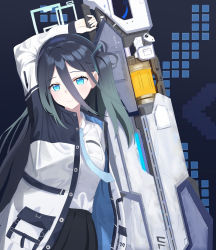 Rule 34 | 1girl, absurdres, aris (blue archive), artist request, black background, black hairband, blouse, blue archive, blue hair, blue necktie, dark blue hair, hair between eyes, hairband, halo, highres, jacket, necktie, one side up, open clothes, open jacket, railgun, school uniform, shirt, solo, white shirt