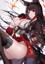 Rule 34 | 1girl, akagi (azur lane), an yasuri, animal ears, ass, azur lane, between breasts, black gloves, black hair, black thighhighs, breasts, cleavage, closed mouth, commentary request, fox ears, fox girl, fox tail, gloves, hair ornament, hand up, highres, kikumon, large breasts, long hair, long sleeves, looking at viewer, miniskirt, multiple tails, obi, pleated skirt, red eyes, red skirt, sash, shirt, skirt, solo, tail, thighhighs, thighs, very long hair, white shirt, wide sleeves