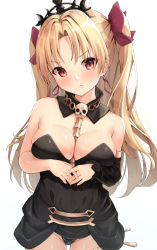 Rule 34 | 1girl, akasaki koyo, bare shoulders, between breasts, black detached collar, black leotard, blonde hair, blush, bow, breasts, closed mouth, cowboy shot, detached collar, detached sleeves, earrings, ereshkigal (fate), fate/grand order, fate (series), groin, hair bow, hair ribbon, head tilt, highres, jewelry, large breasts, leotard, long hair, long sleeves, looking at viewer, medium breasts, neck, necklace, parted bangs, purple bow, red eyes, ribbon, serious, single detached sleeve, skull, solo, spine, standing, strapless, strapless leotard, tiara, two side up, v-shaped eyebrows, very long hair