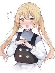 Rule 34 | 1girl, :o, alternate hairstyle, black vest, blonde hair, blush, commentary, cropped torso, double-parted bangs, embarrassed, eyebrows hidden by hair, hair between eyes, hair ornament, hands up, highres, interlocked fingers, karasusou nano, kirisame marisa, long hair, long sleeves, looking at viewer, no headwear, nose blush, open mouth, own hands together, shirt, simple background, solo, star (symbol), star hair ornament, touhou, translated, twintails, twintails day, upper body, very long hair, vest, white background, white shirt, yellow eyes